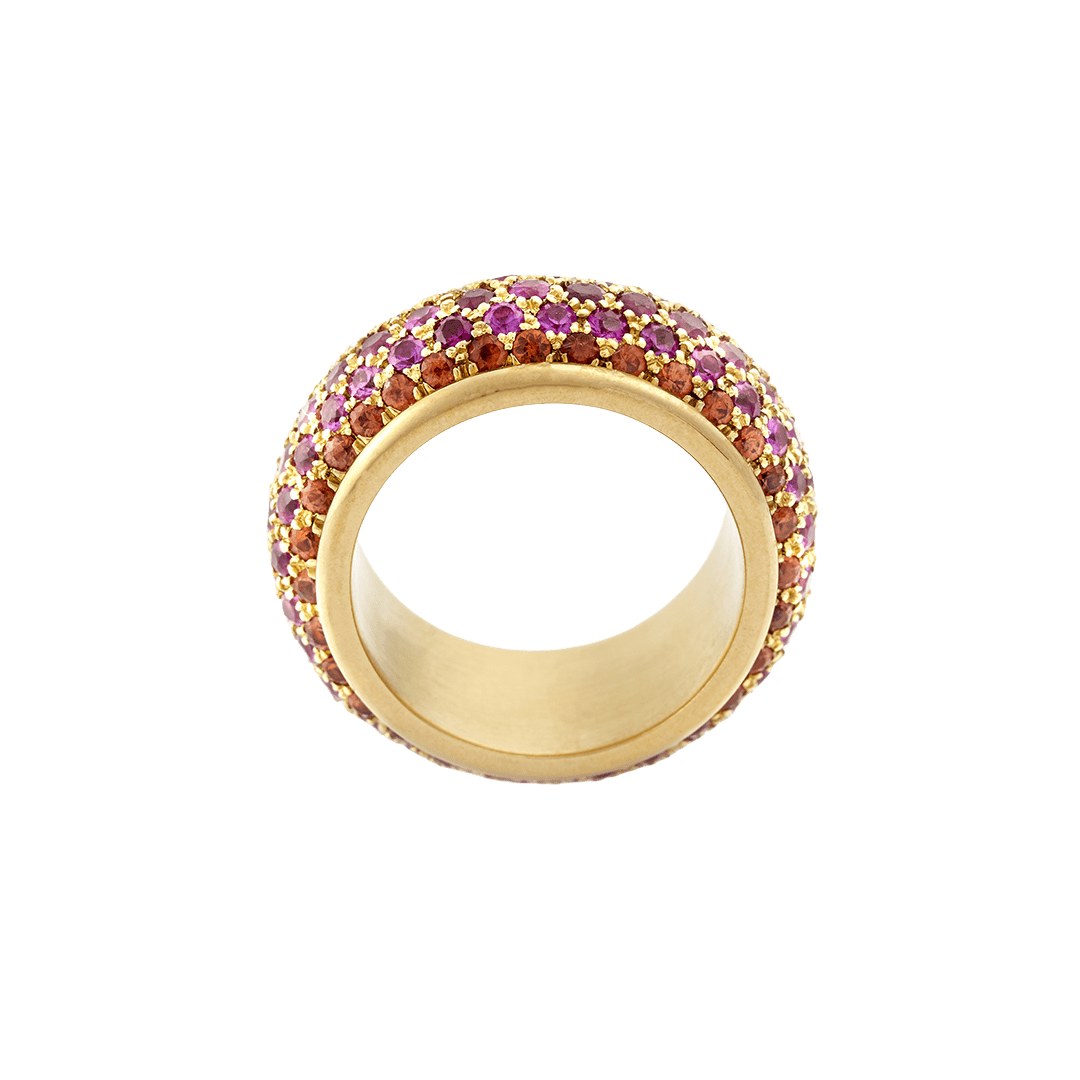 Orange, pink and deep pink sapphire big bubble band ring by Fringe Gallery studio jeweler Nanci Modica