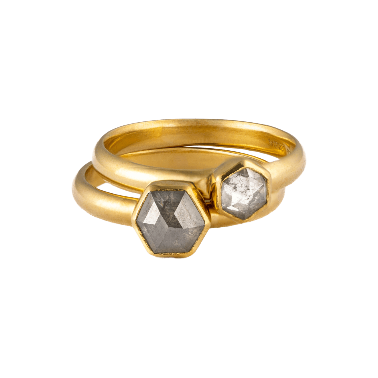 22k and 20k yellow gold ring with hexagon cut gray diamond by Fringe Gallery studio jeweler Nanci Modica