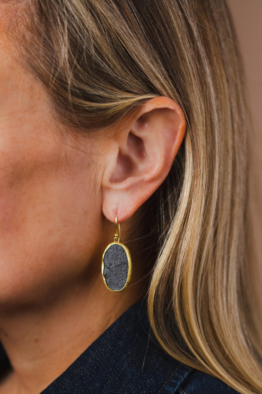 22k yellow gold bezel set rough hematite earrings by Fringe Gallery studio jeweler Petra Class