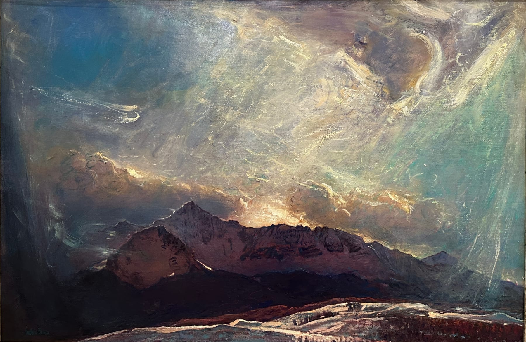 Oil painting by slate gray gallery artist Gordon brown of mountians with an abstract background