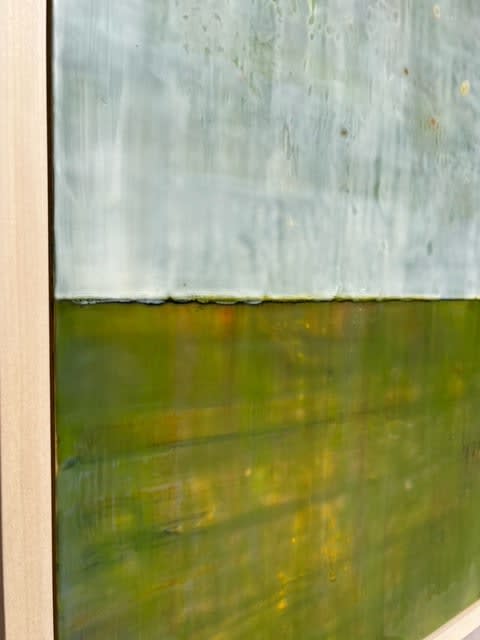 Blue and green color block horizontal encaustic painting by slate gray gallery artist amy van winkle