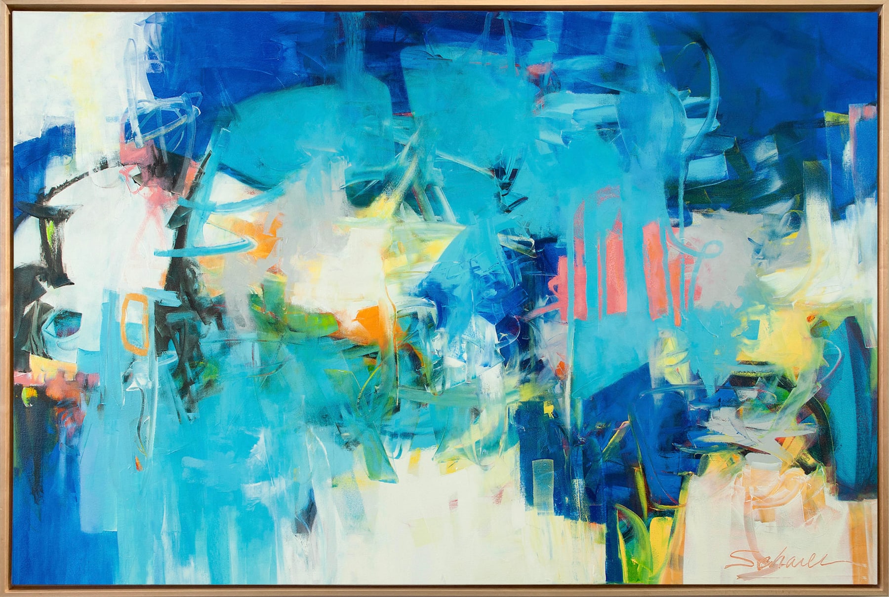 Abstract oil painting with blues, whites, pinks, and grays by slate gray gallery artist Karen Scharer