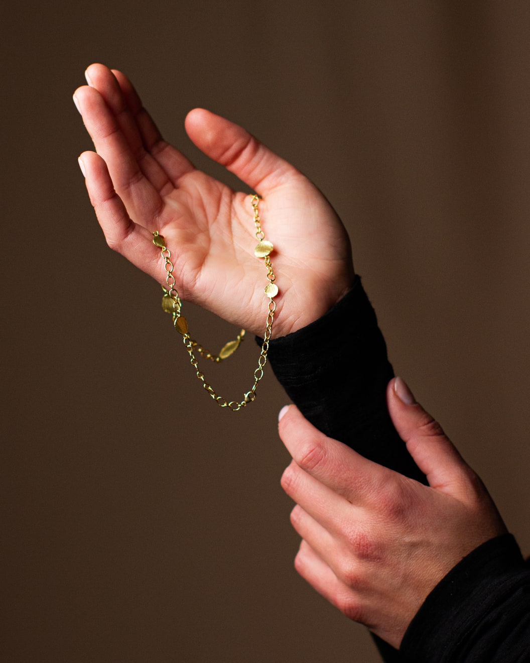 18k yellow gold petal and chain necklace by Fringe Gallery studio jeweler Brarbara Heinrich