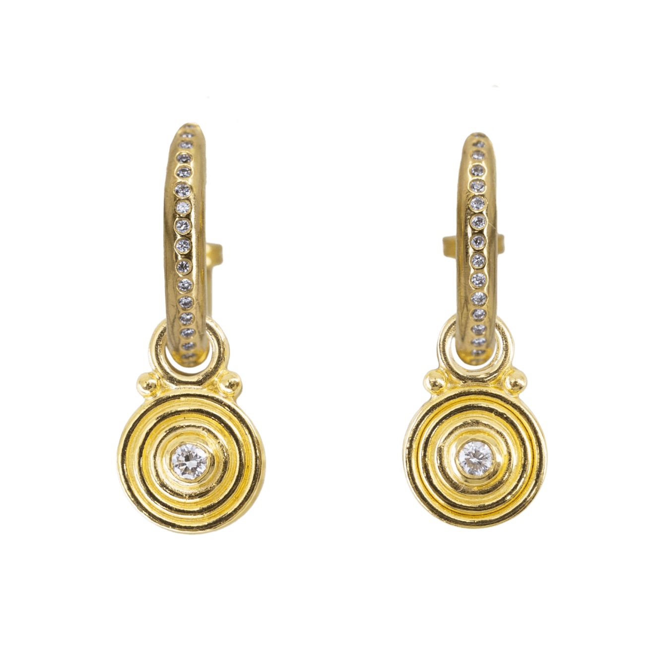 22k yellow gold bullseye drops with diamonds for hoop earrings by Fringe Gallery studio jeweler Nanci Modica