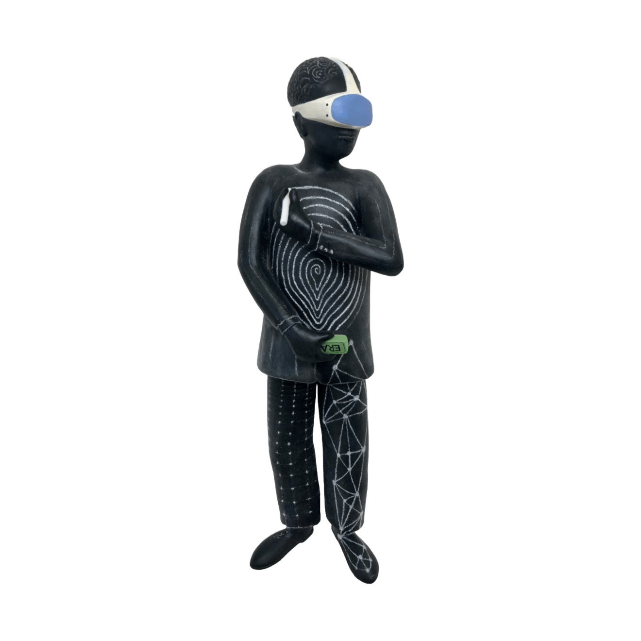 Clay with chalkboard paint ceramic sculpture of an alien looking creature with a swirl on its chest by slate gray gallery artist Julie McNair