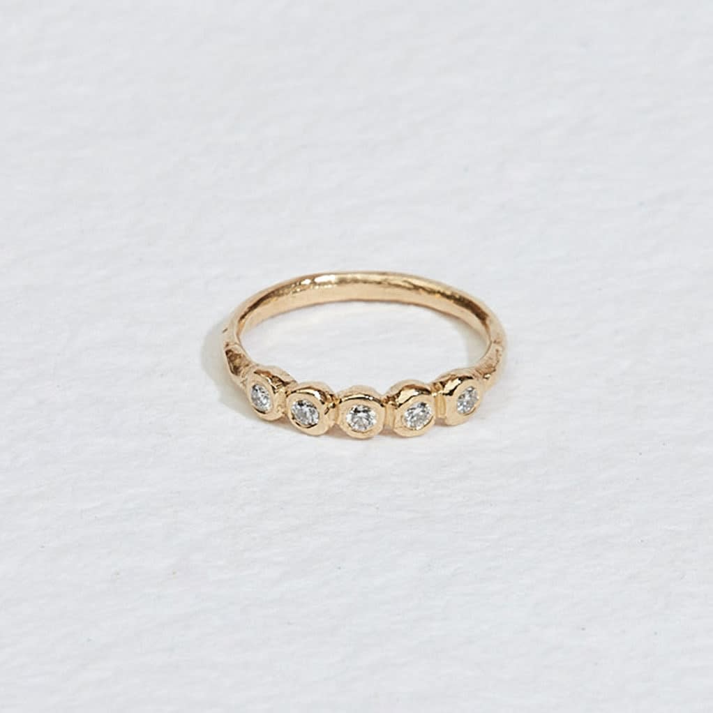 14k yellow gold ring with five bezel set diamonds by Fringe Gallery studio jeweler Jane Pope