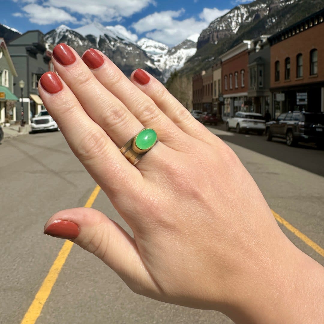 Large Chrysoprase Oval Cabochon Ring by Fringe Gallery studio jeweler Marki Knopp Large Chrysoprase Oval Cabochon Ring by Fringe Gallery studio jeweler Marki Knopp