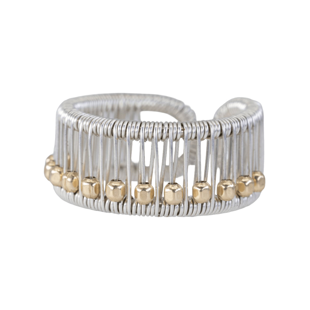 Silver ring with square gold beads by Fringe Gallery studio jeweler Tana Acton