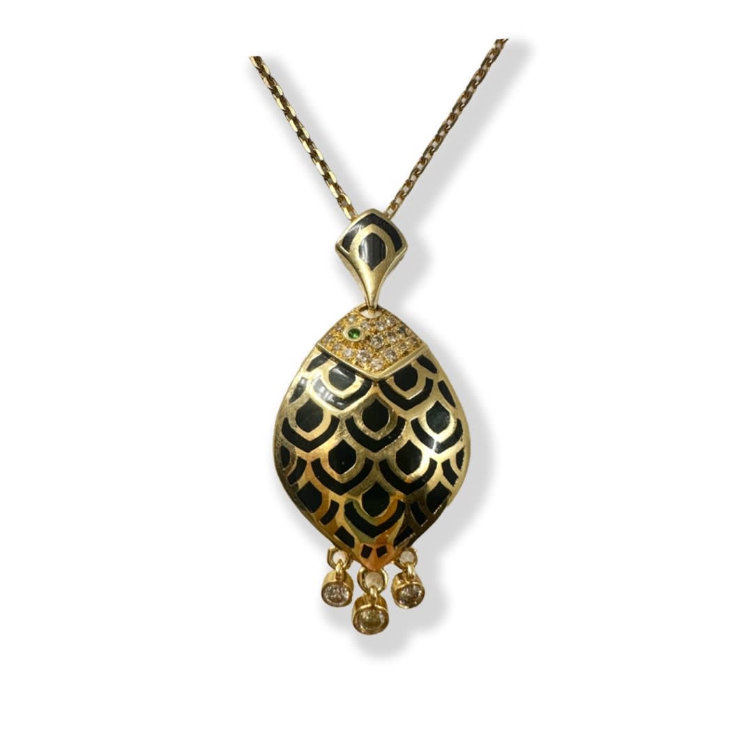 Brown Diamond and Black enamel fish necklace by slate gray gallery studio jeweler nayla arida