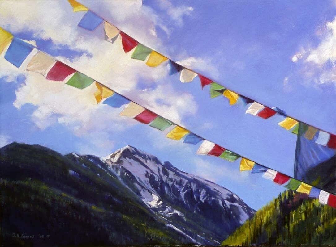 Pastel painting of Ballard peak with prayer flags by slate gray gallery artist Bruce A Gomez