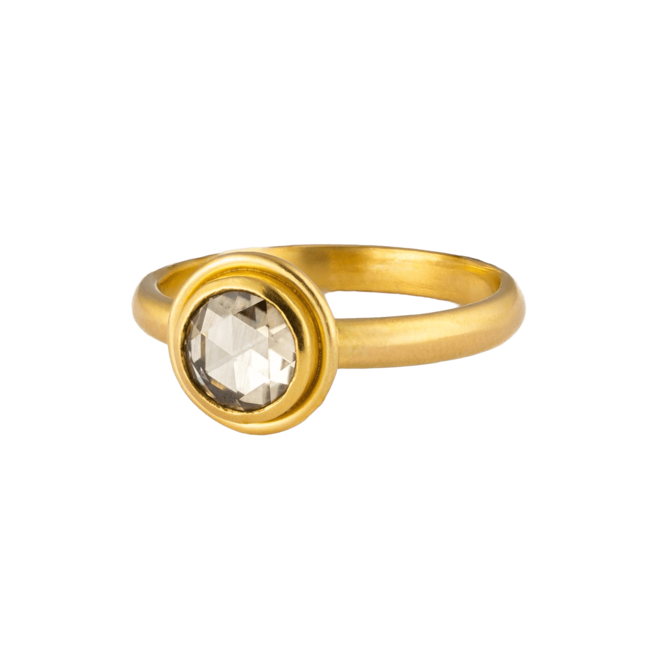 22k and 20k yellow gold ring with rose cut white diamond by Fringe Gallery studio jeweler Nanci Modica