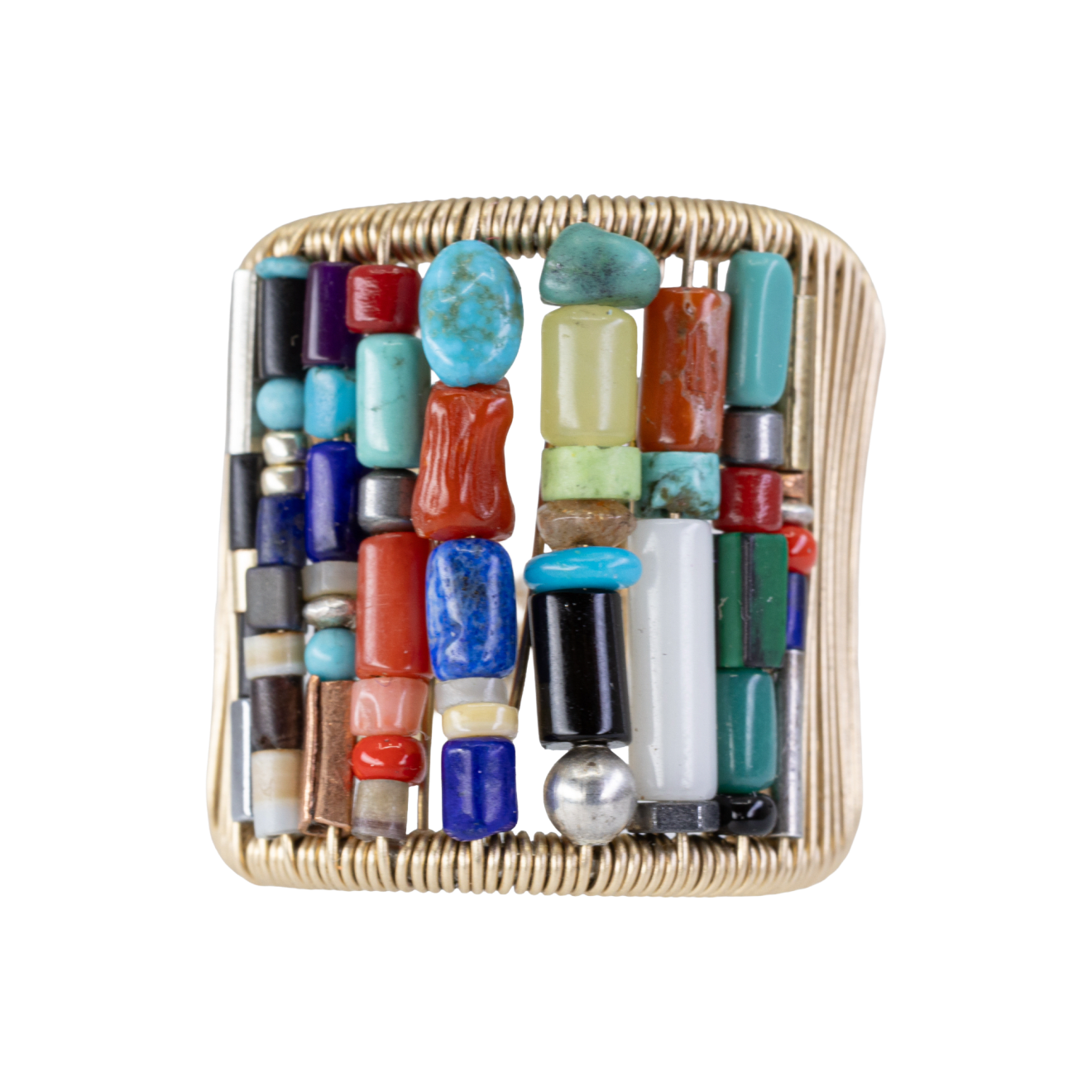 Gold ring with mixed color Heishi pearl beads by Fringe Gallery studio jeweler Tana Acton