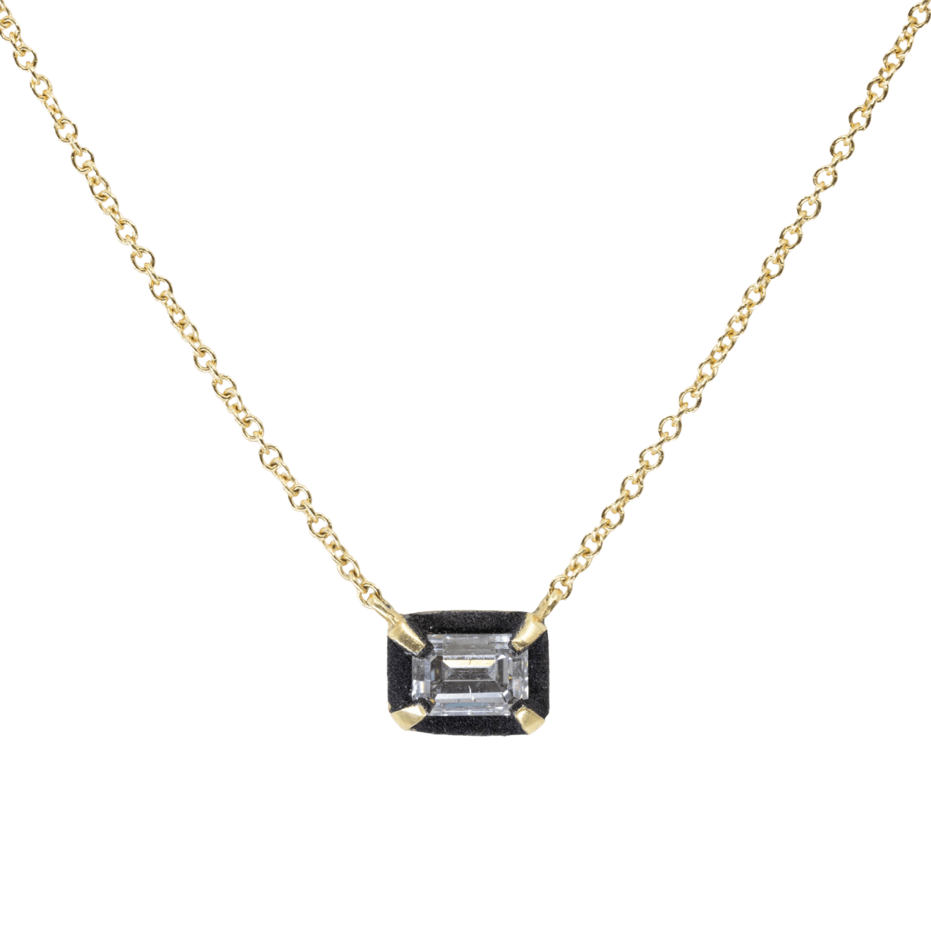 Emerald cut diamond necklace on darkened platinum with 18k yellow gold cable chain by Fringe Gallery studio jeweler Todd Pownell