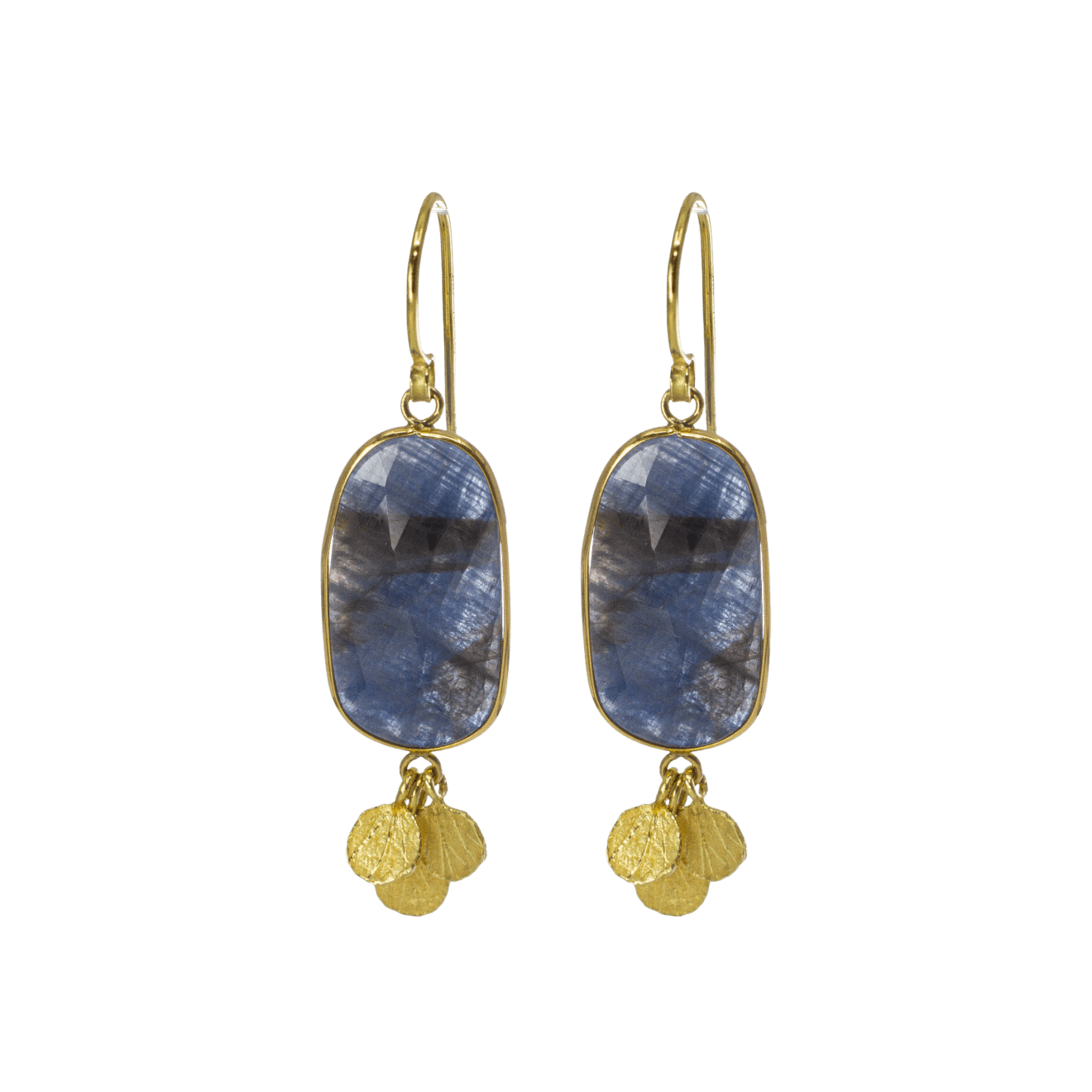 Rose cut sapphire earrings with gold petal clusters by Fringe Gallery studio jeweler Barbara Heinrich