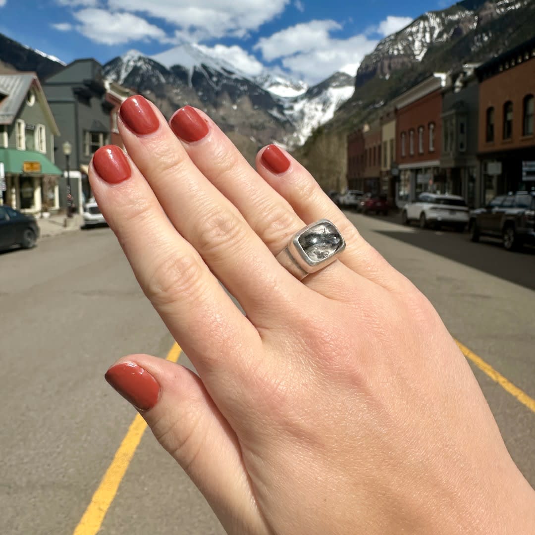 Wide Band SS Shank w/ Tourmalinated Quartz Stone Set in Fine Silver Bezel by Fringe Gallery studio jeweler Marki Knopp