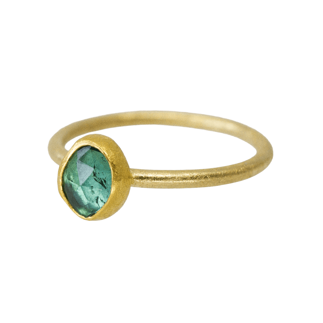 22k and 18k yellow gold ring with bezel set rose cut emerald by Fringe Gallery studio jeweler Petra Class