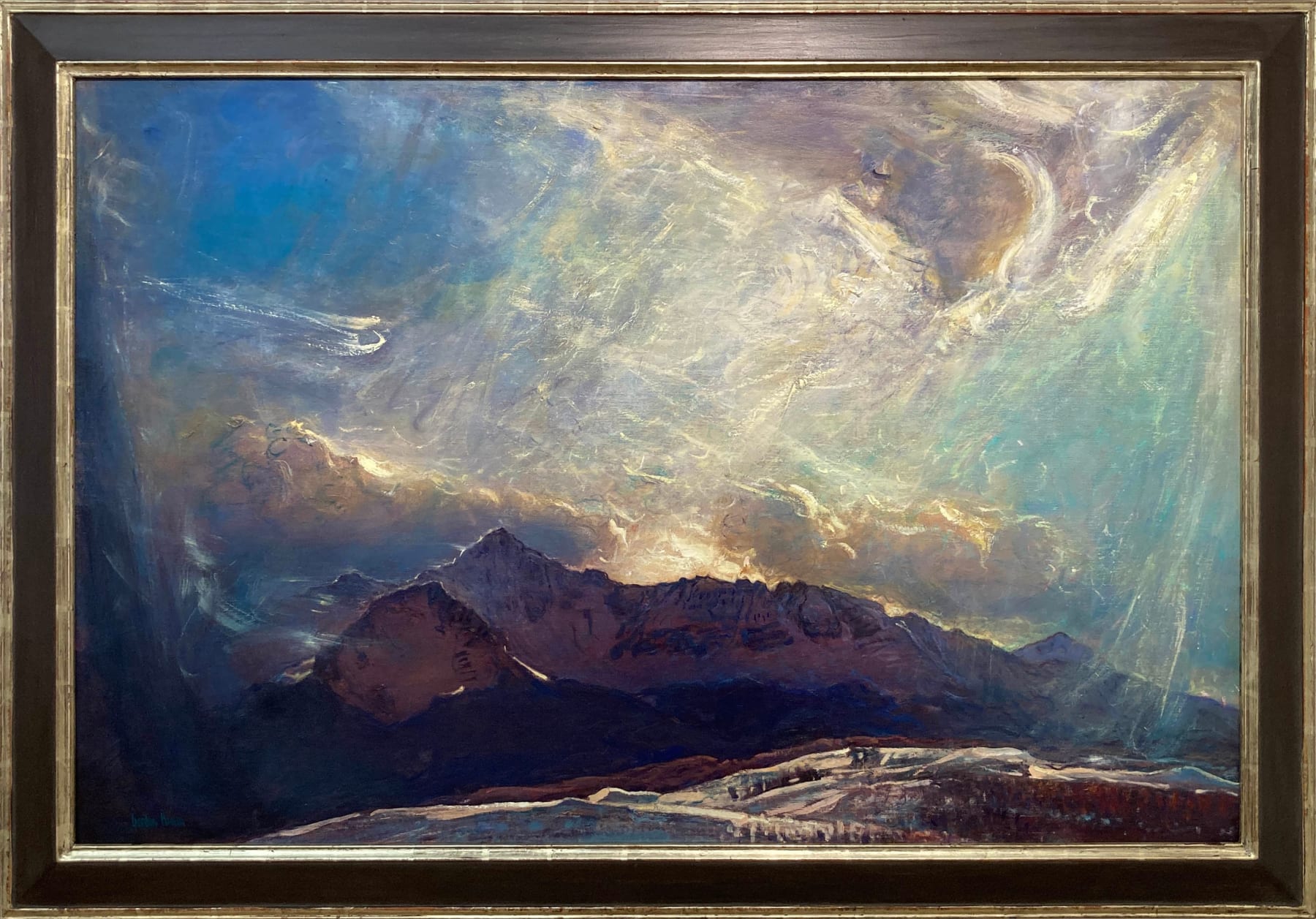 Oil painting by slate gray gallery artist Gordon brown of mountians with an abstract background