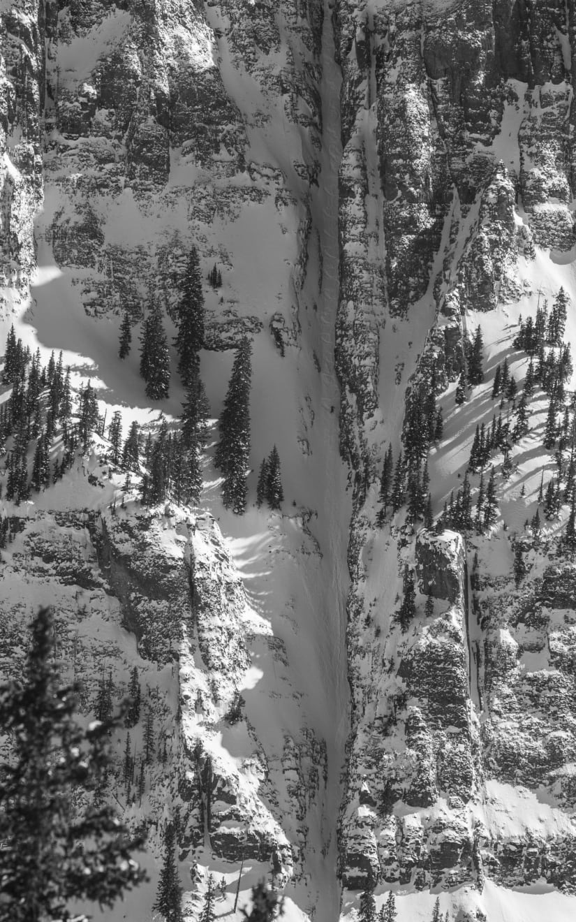 Black and white photo of a ski chute by Slate Gray Gallery photographer Brett Schrekengost