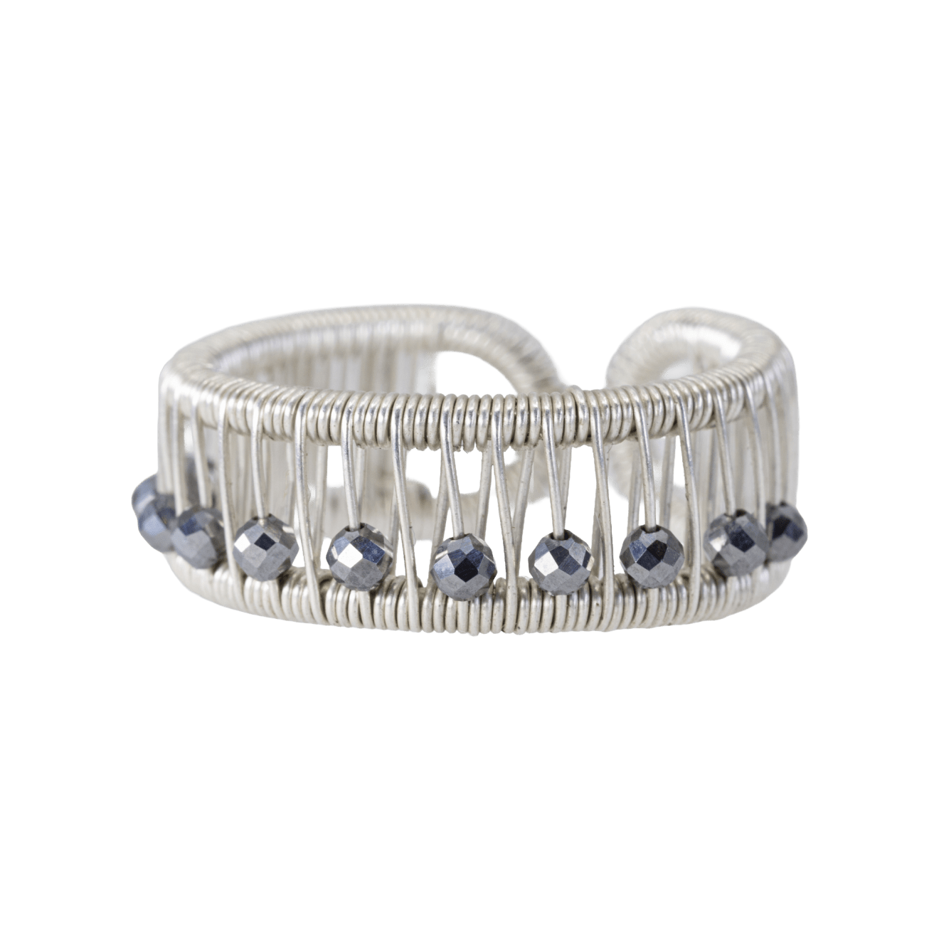 Sterling silver ring with faceted hematite beads by Fringe Gallery studio jeweler Tana Acton