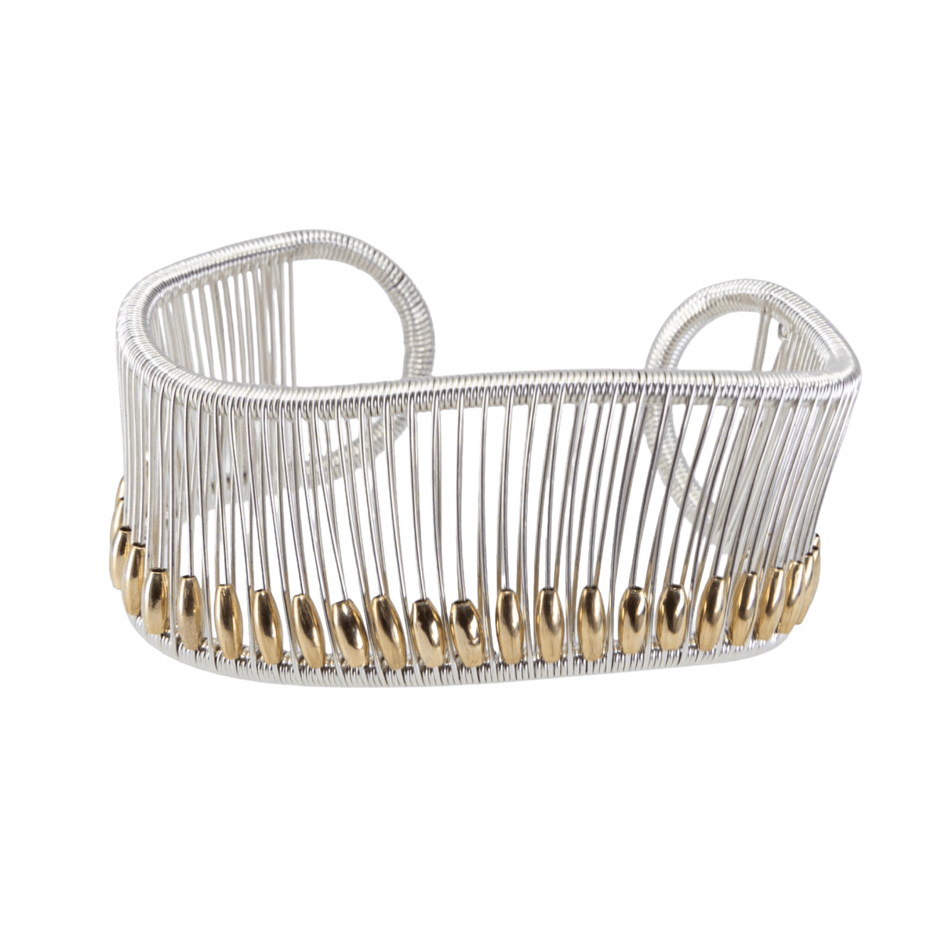 Sterling silver wave cuff with gold melon shaped beads by Fringe Gallery studio jeweler Tana Acton