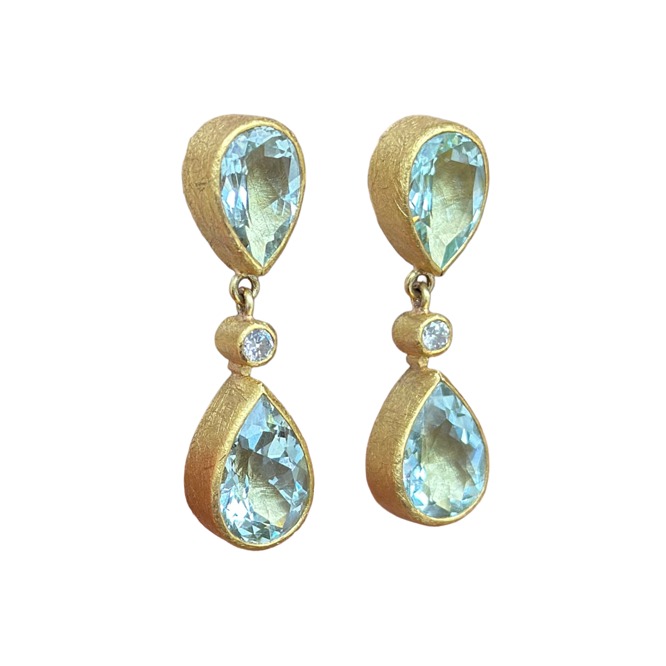 22k yellow gold faceted aquamarine drop earrings with diamonds by Fringe Gallery studio jeweler Petra Class