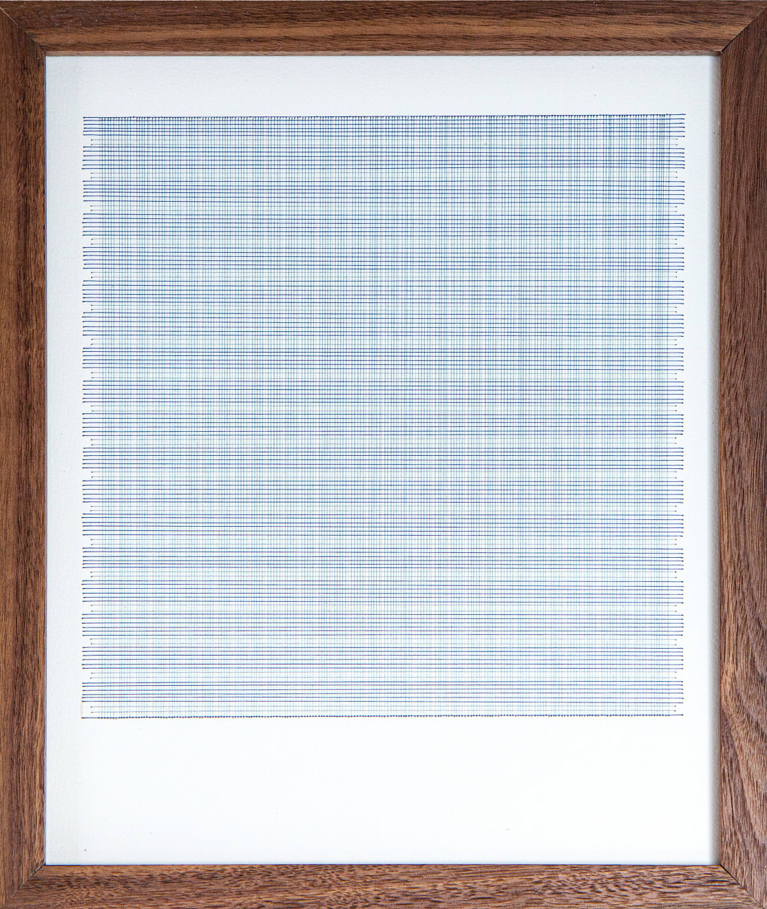 Framed blue thread on paper work by Fringe Gallery artist Rebecca Messier