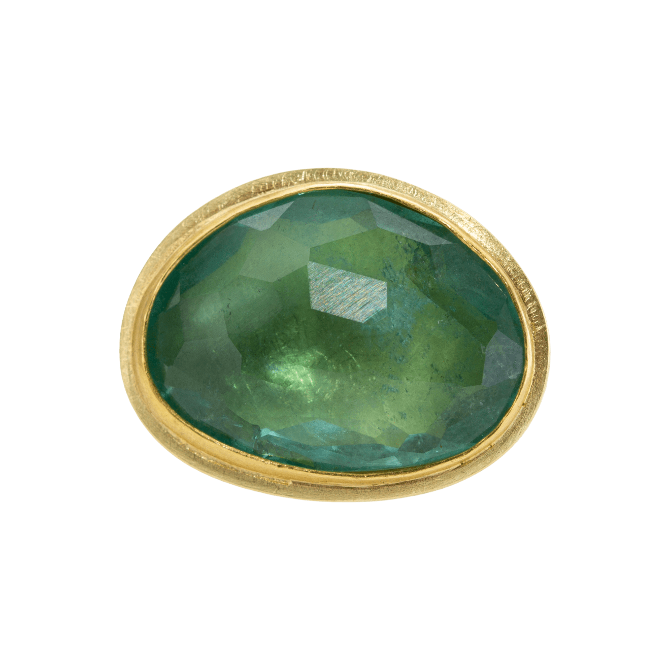 22k and 18k yellow gold ring with bezel set oval rosecut faceted green tourmaline Fringe Gallery studio jeweler Petra Class