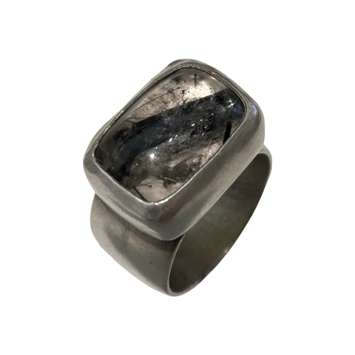 Wide Band SS Shank w/ Tourmalinated Quartz Stone Set in Fine Silver Bezel by Fringe Gallery studio jeweler Marki Knopp