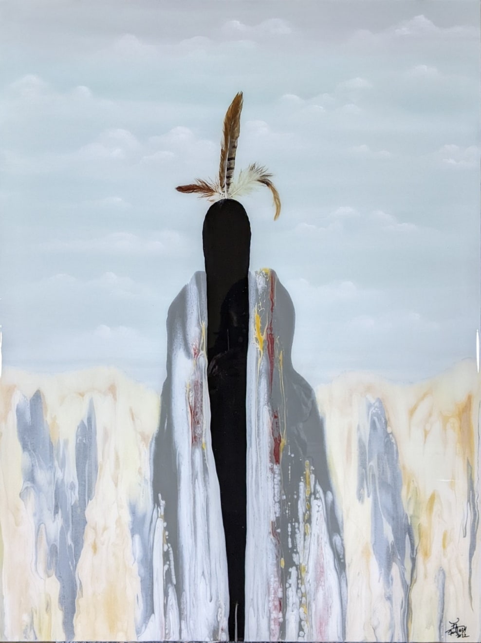 Acrylic painting of one figure of ambiguous native origin with three feathers by artist Fran J Nagy