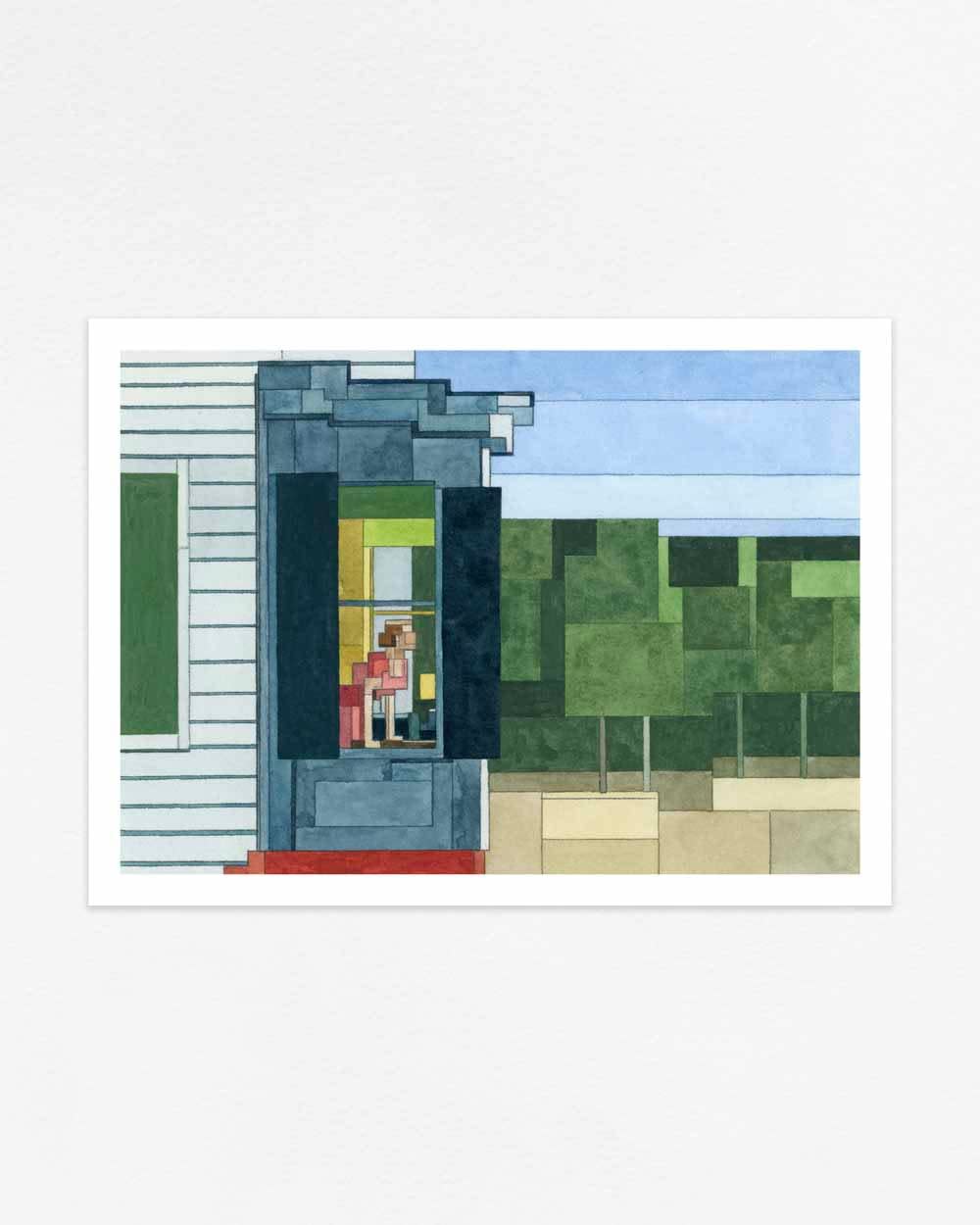 Adam Lister watercolor painting of Edward Hoppers Cape Cod Morning in 8-bit graphic style