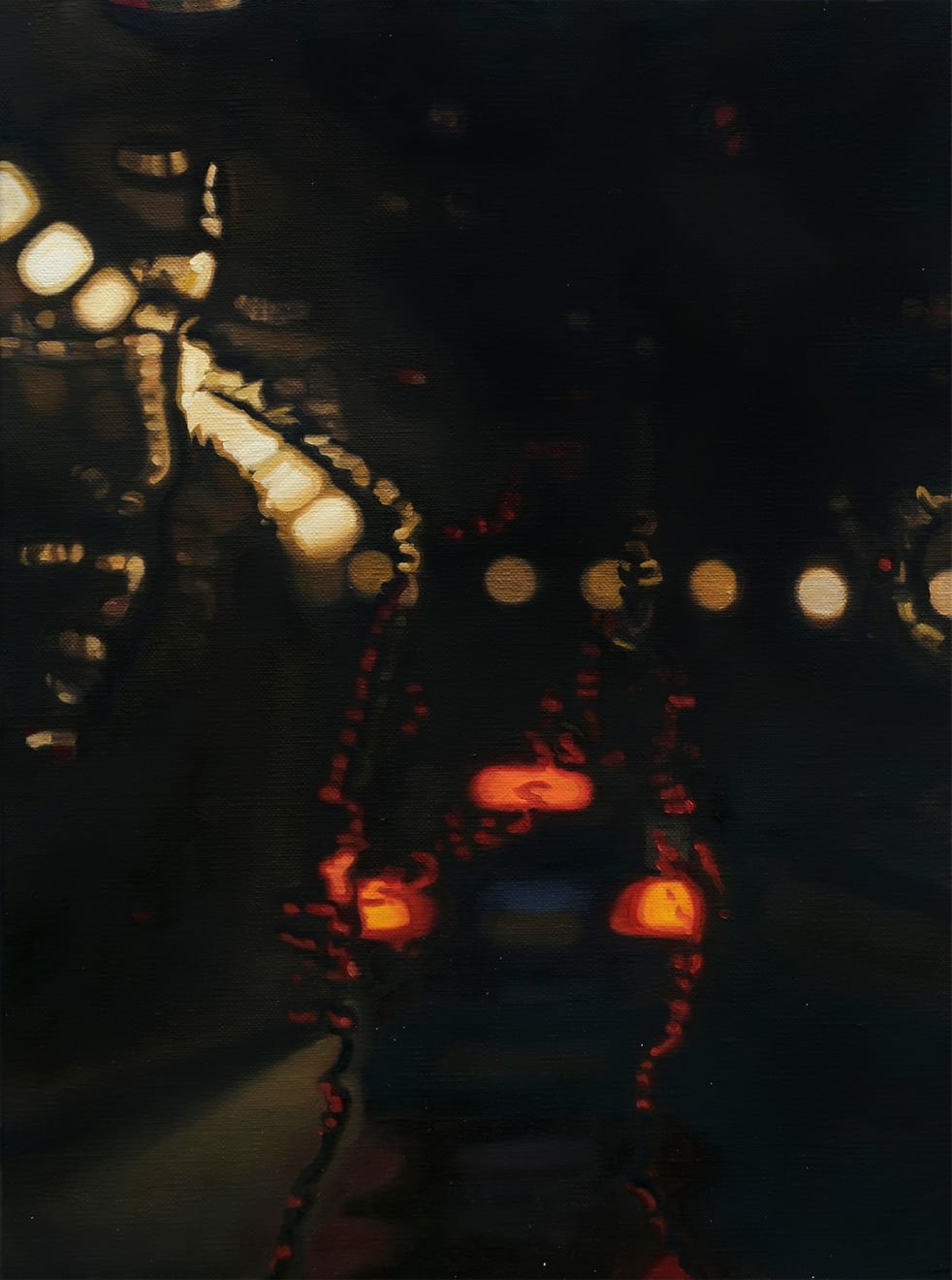 Gregory Thileker Windshield painting with roadway & raindrops at night with brake lights of a car visible through the rain