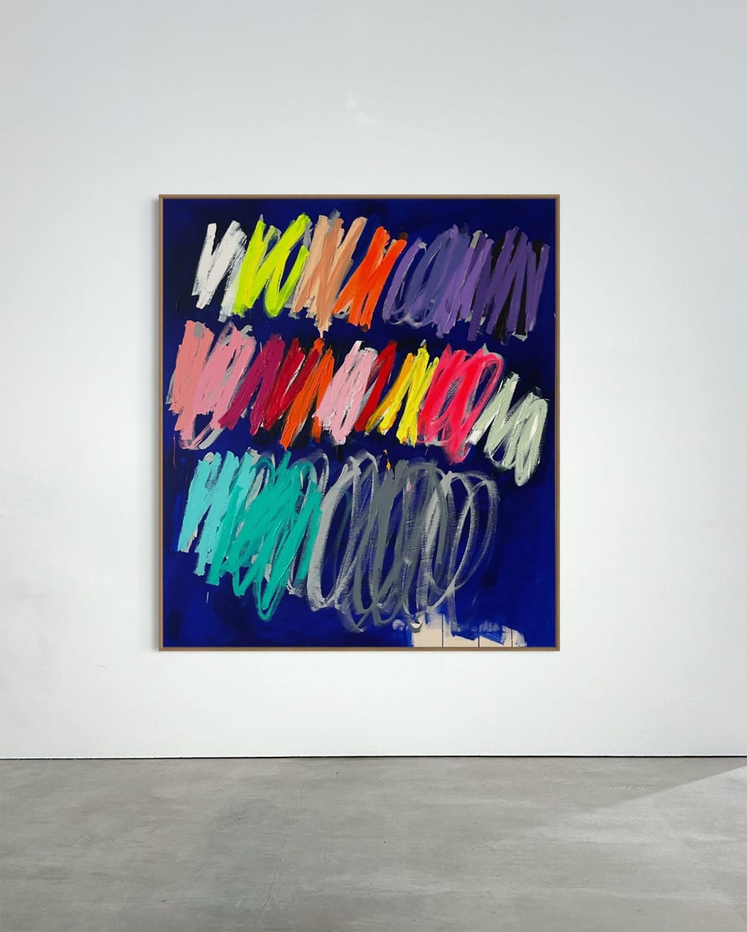 Christina Gschwantner abstract painting with blue background and colorful scribbles on wall