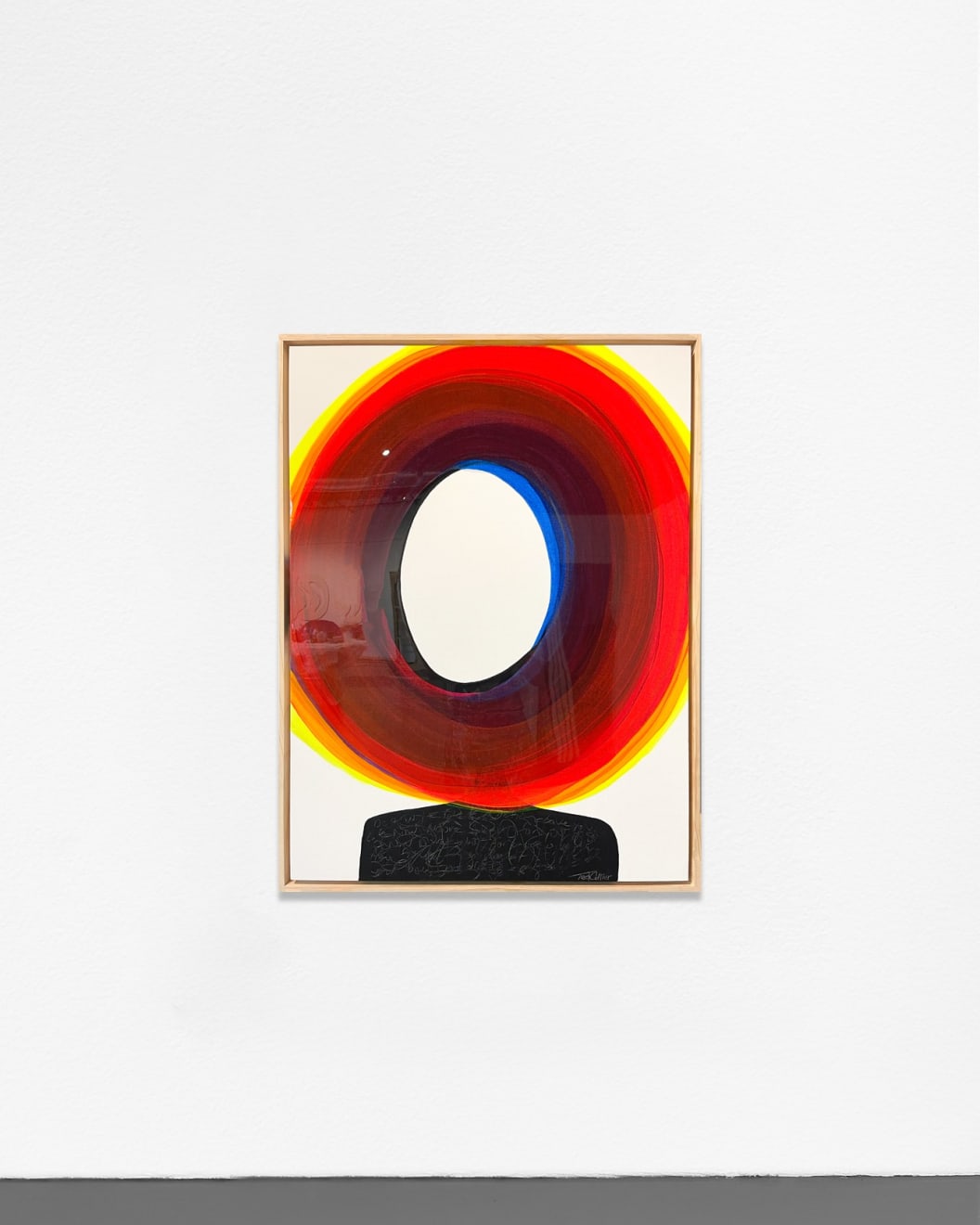 Ted Collier figurative circle series painting with abstract figure and multi colored head hanging on white wall