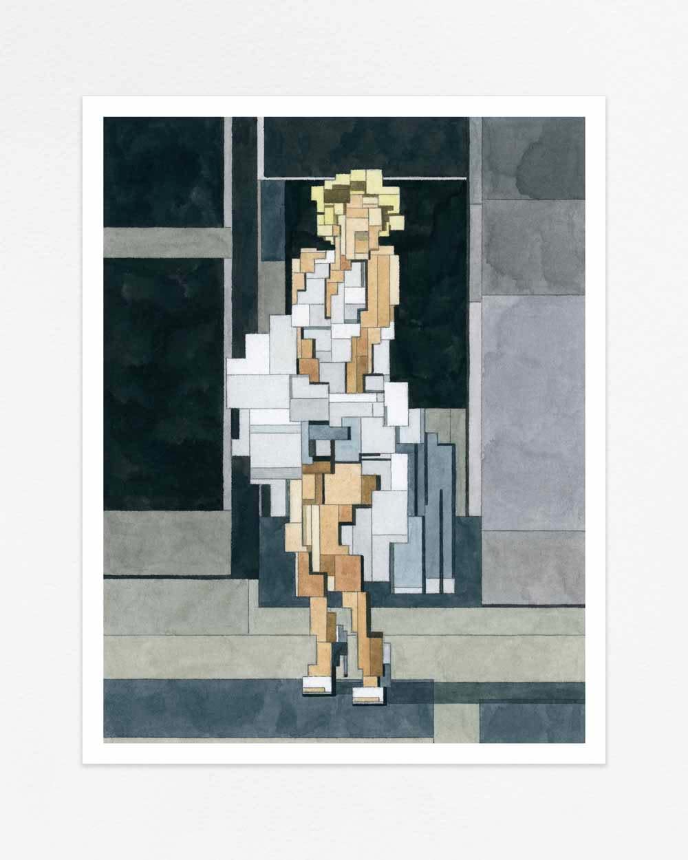 Adam Lister watercolor of Marilyn Monroe's famous Seven Year Itch photo in 8-bit graphic style