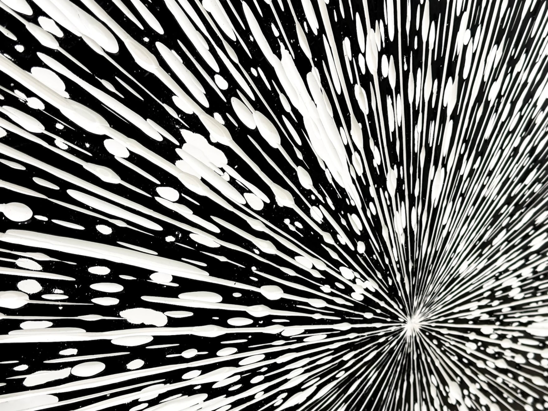 alternative detail view of Jason Hallman excavated painting with black and white streaks originating outward from the center of the artwork