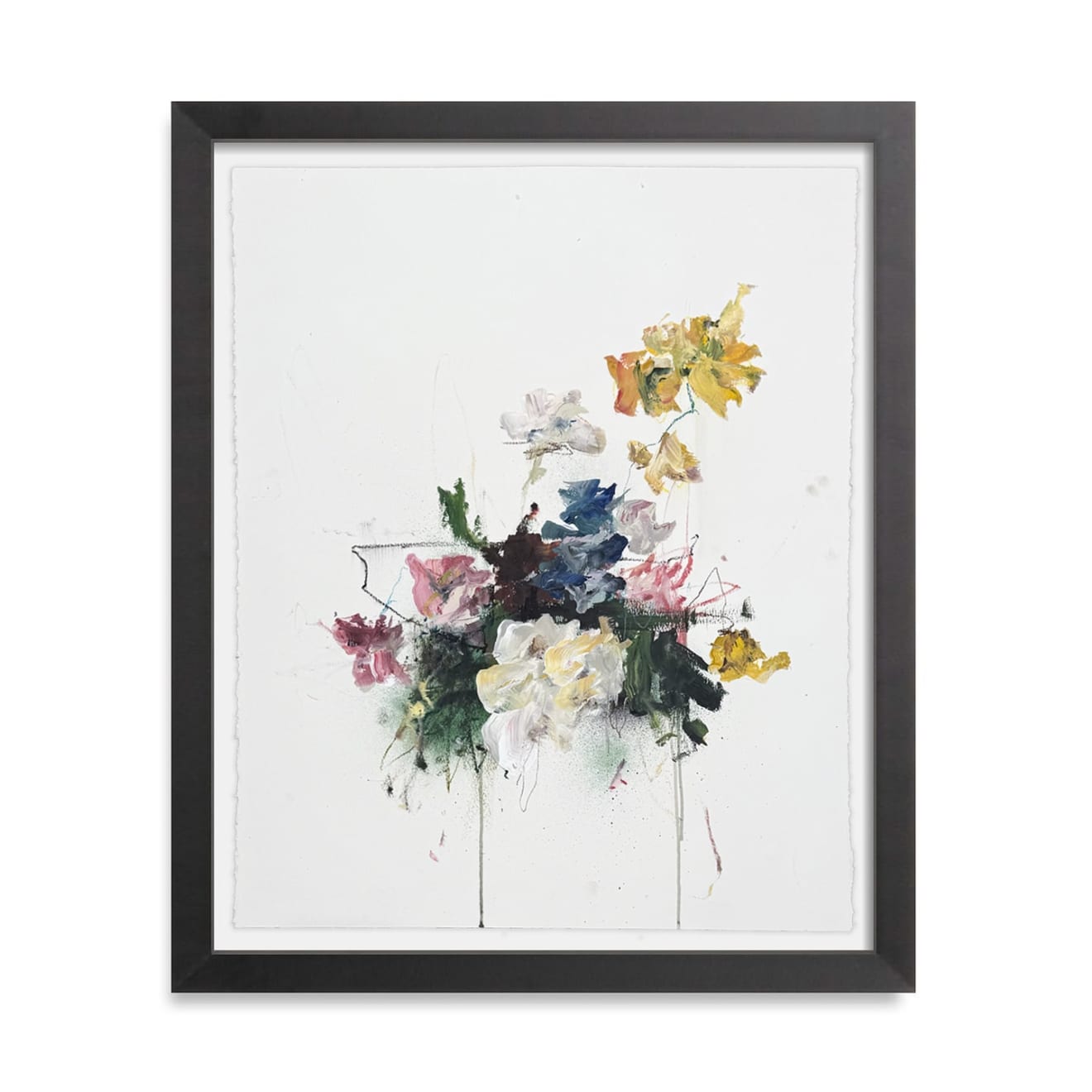 Sage Barnes floral arrangement painting on white background framed in black