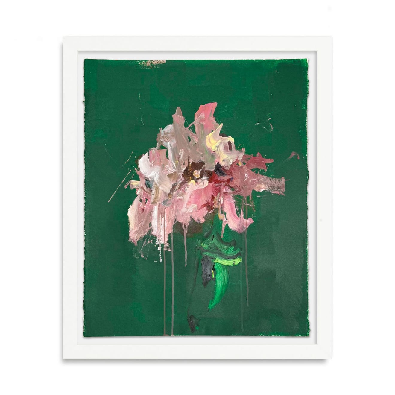 Sage Barnes floral arrangement painting with green background framed in white