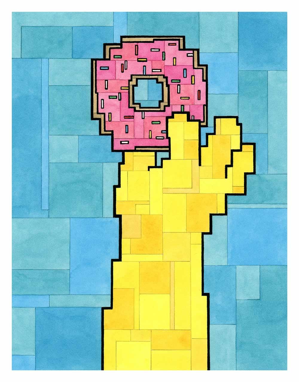 Adam Lister watercolor painting of Homer Simpson's hand holding a donut in 8-bit graphic style