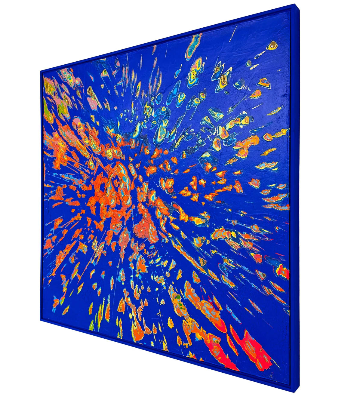 side view of Jason Hallman excavated painting with blue background with blue background and orange excavated areas