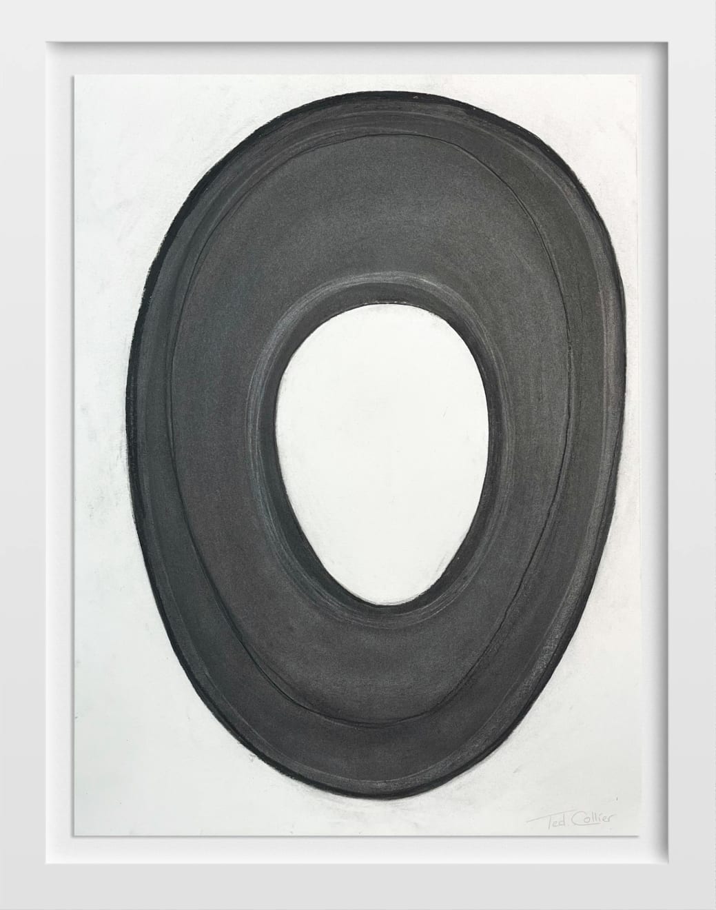 Ted Collier work on paper with a black circle on white background in charcoal framed in white frame