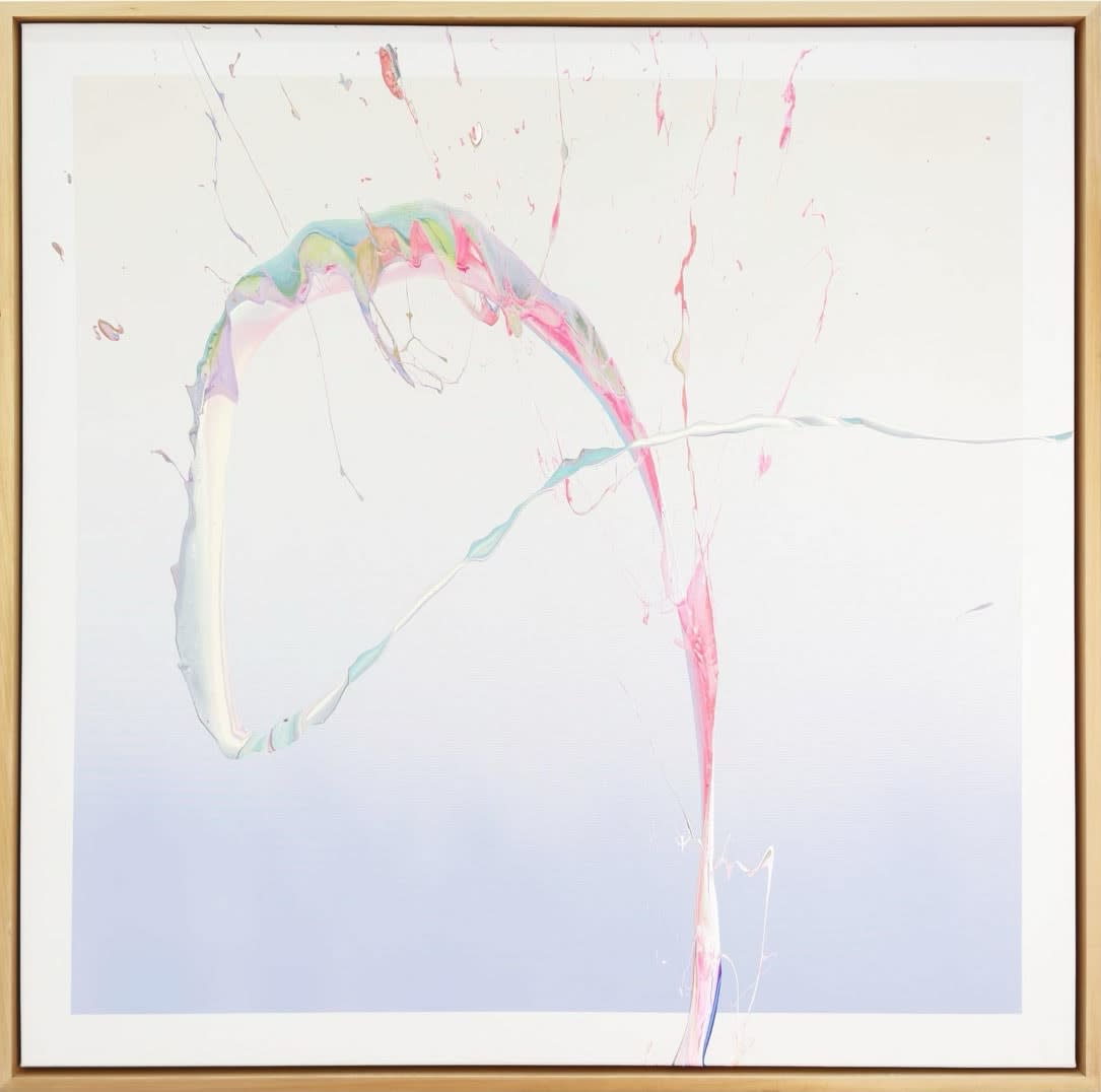 Abstract painting by Cevin Parker with lilac and white gradient background with lilac pink white green pastel fluid paint splatter