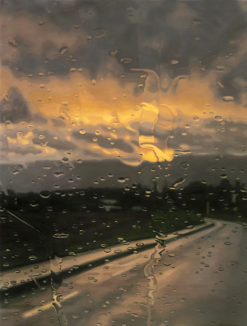 Gregory Thielker Windshield painting of a highway during sunset after a rain storm