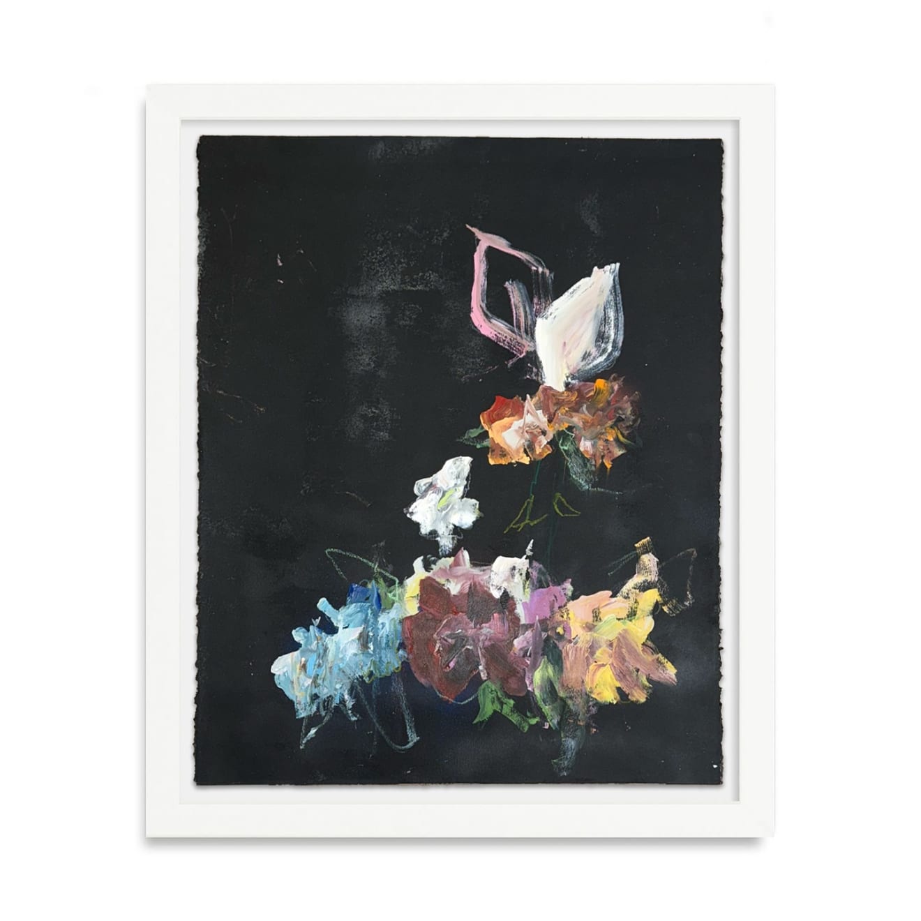 Sage Barnes floral arrangement painting on black background framed in white