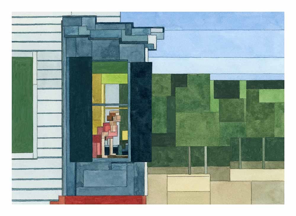 Adam Lister watercolor painting of Edward Hoppers Cape Cod Morning in 8-bit graphic style