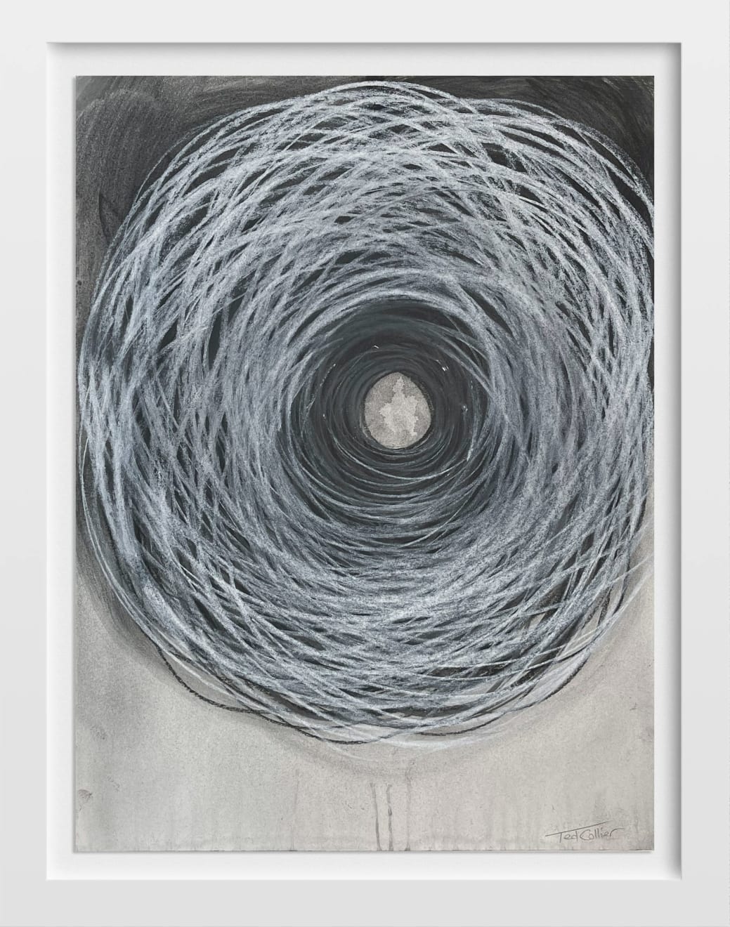 Ted Collier work on paper of vicious chaotic spiral in black in white charcoal framed in a white frame
