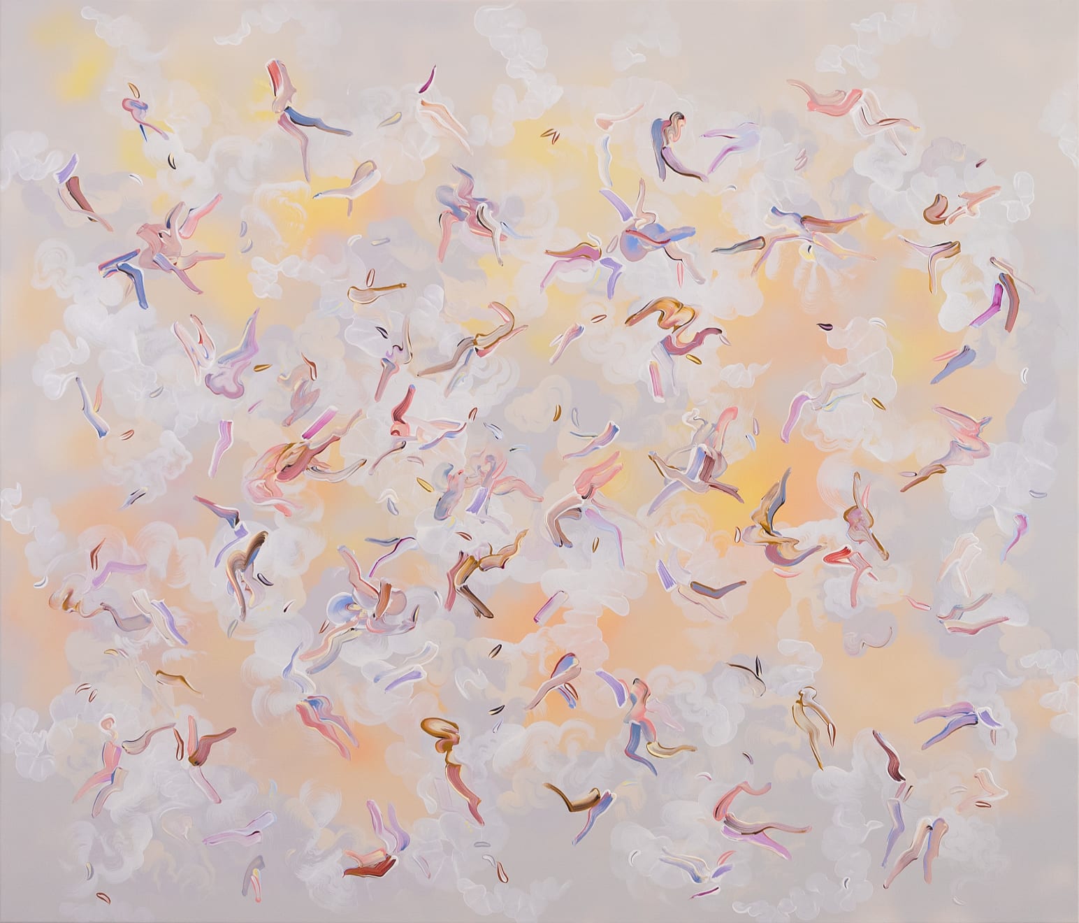 Paul Kuntze painting of abstracted angels and clouds over a light yellow and light orange gradient background