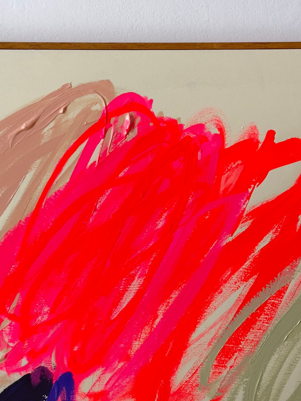 Christina Gschwantner abstract painting with light yellow background with pink and purple scribbles up close view