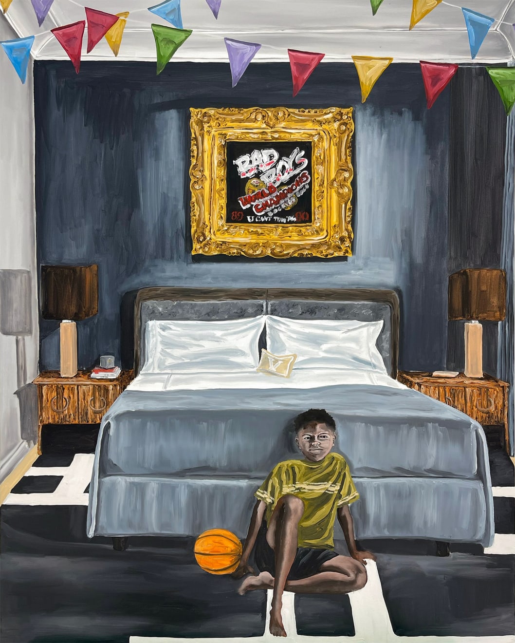 Painting by Davariz Broaden featuring a young boy sitting on the floor in front of the bed. The walls are a dark grey and a black and white rug is in the floor. Hanging above the bed is a bad boys poster in a fold frame. Colorful flags are hanging from the ceiling