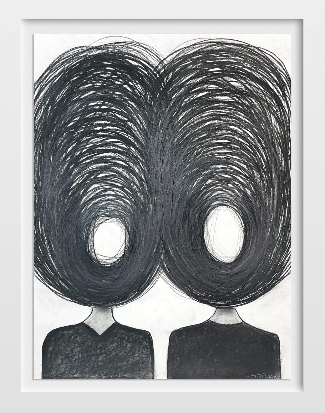 Ted Collier work on paper with two figures and chaotic vicious circle heads in charcoal on white background framed in a white frame