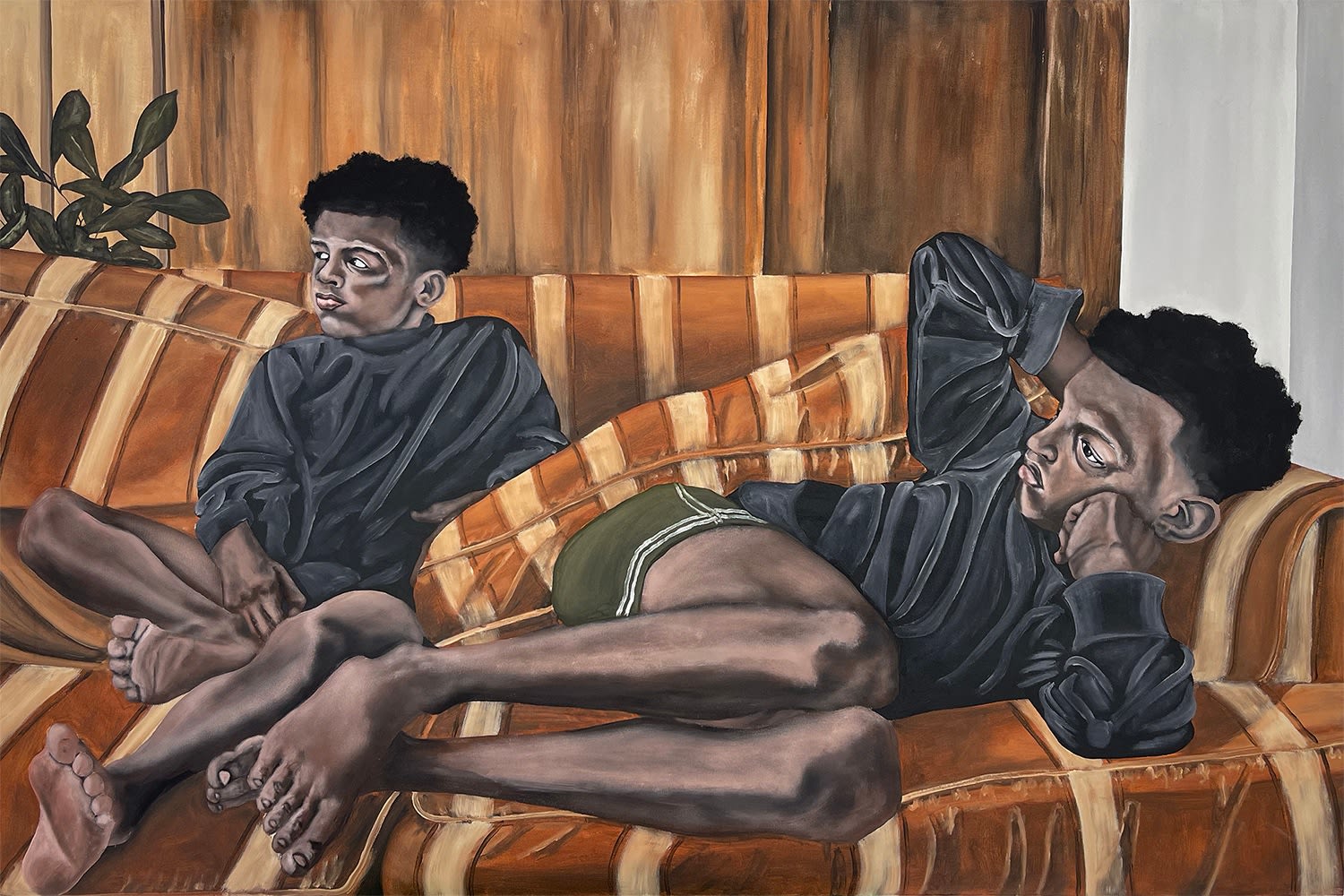 Painting by Davariz Broaden featuring two young boys sitting on a stripped orange couch in a wood paneled living room